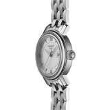 tissot bridgeport lady 29mm silver dial steel watch showing slightly side angle in upright position