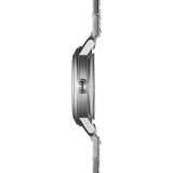 tissot bridgeport lady 29mm silver dial steel watch showing side angle in upright position