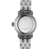 tissot bridgeport lady 29mm silver dial steel watch showing caseback