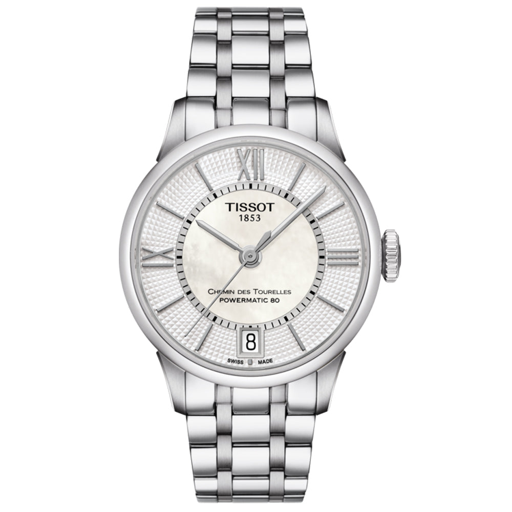 tissot chemin des tourelles powermatic 80 lady 32mm mother of pearl dial automatic watch on a steel bracelet front facing upright image