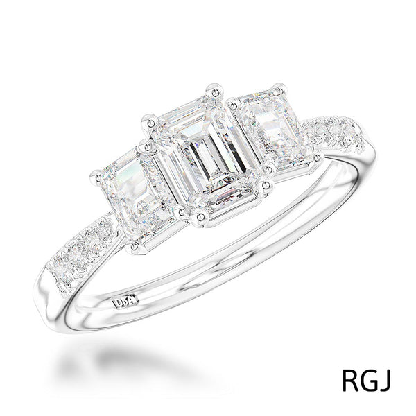 The Florentina Skye Platinum Emerald Cut Diamond Three Stone Engagement Ring With Diamond Set Shoulders