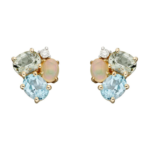 9ct Yellow And White Gold Diamond, Opal, Blue Topaz And Green Amethyst Multi Stone Cluster Stud Earrings GE2369