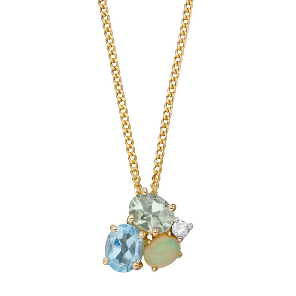 9ct Yellow And White Gold Diamond, Opal, Blue Topaz And Green Amethyst Multi Stone Cluster Pendant GP2264