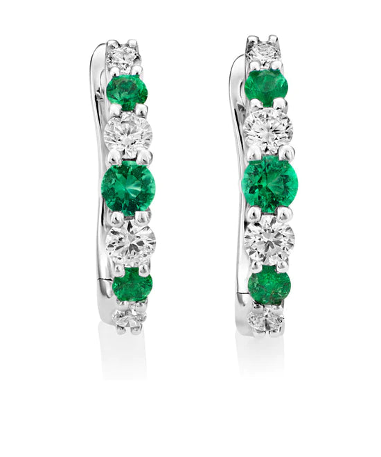18ct White Gold Round Brilliant Cut 0.22ct Emerald And 0.23ct Diamond Half Hoop Earrings