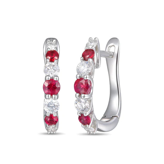 18ct White Gold Round Brilliant Cut 0.28ct Ruby And 0.23ct Diamond Half Hoop Earrings