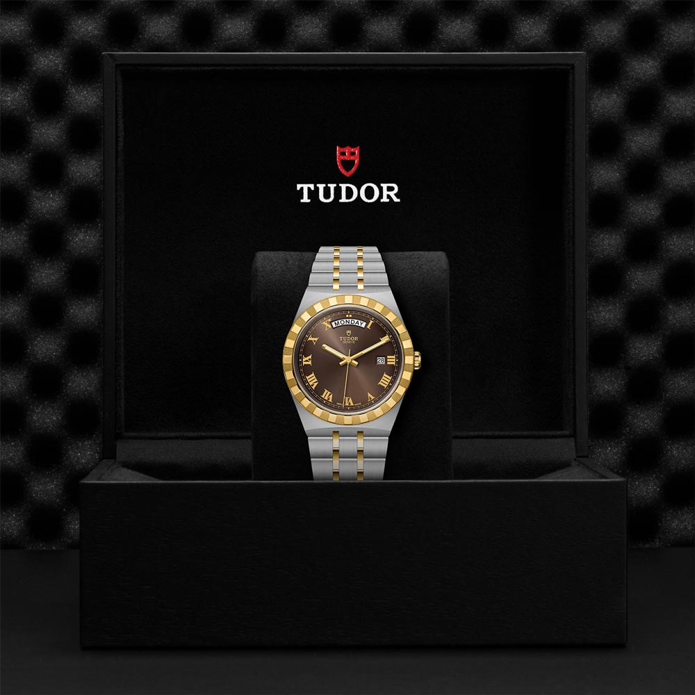 tudor royal 41mm chocolate brown dial steel & gold watch in presentation box