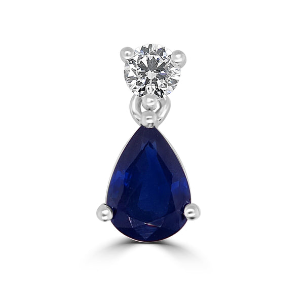18ct white gold 0.74ct pear cut blue sapphire and 0.13ct round brilliant cut diamond drop pendant