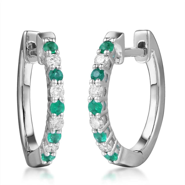 18ct White Gold Round Brilliant Cut 0.12ct Emerald And 0.10ct Diamond Hoop Earrings