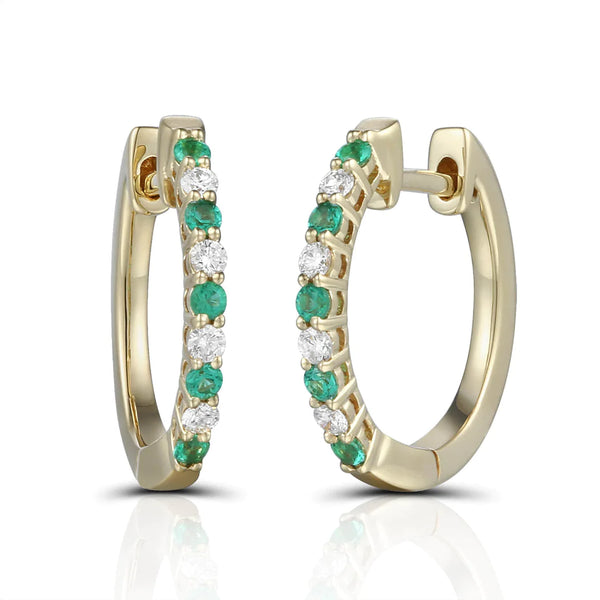 18ct Yellow Gold Round Brilliant Cut 0.13ct Emerald And 0.11ct Diamond Hoop Earrings