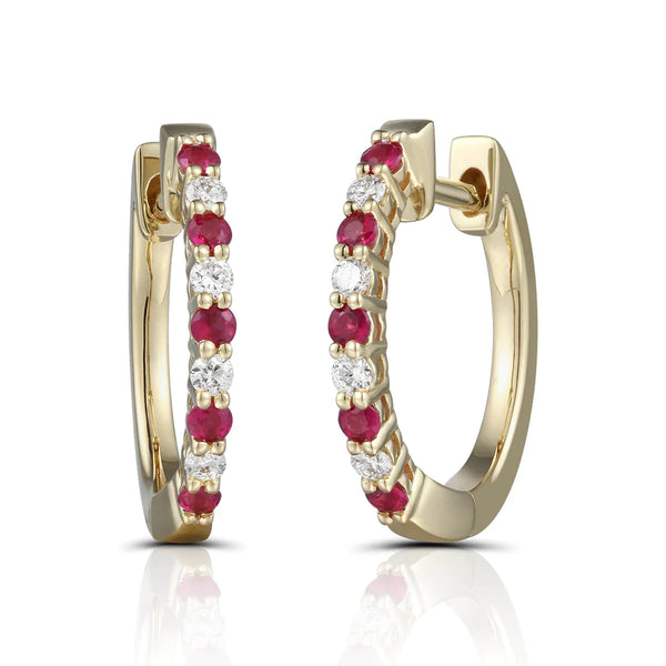 18ct Yellow Gold Round Brilliant Cut 0.18ct Ruby And 0.11ct Diamond Hoop Earrings