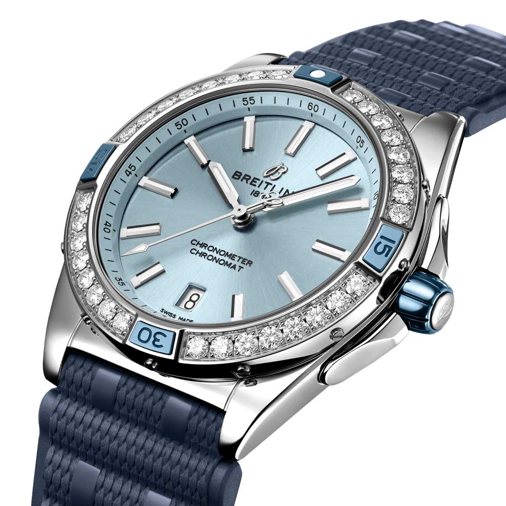 breitling super chronomat 38mm blue dial diamond automatic ladies watch dial close up