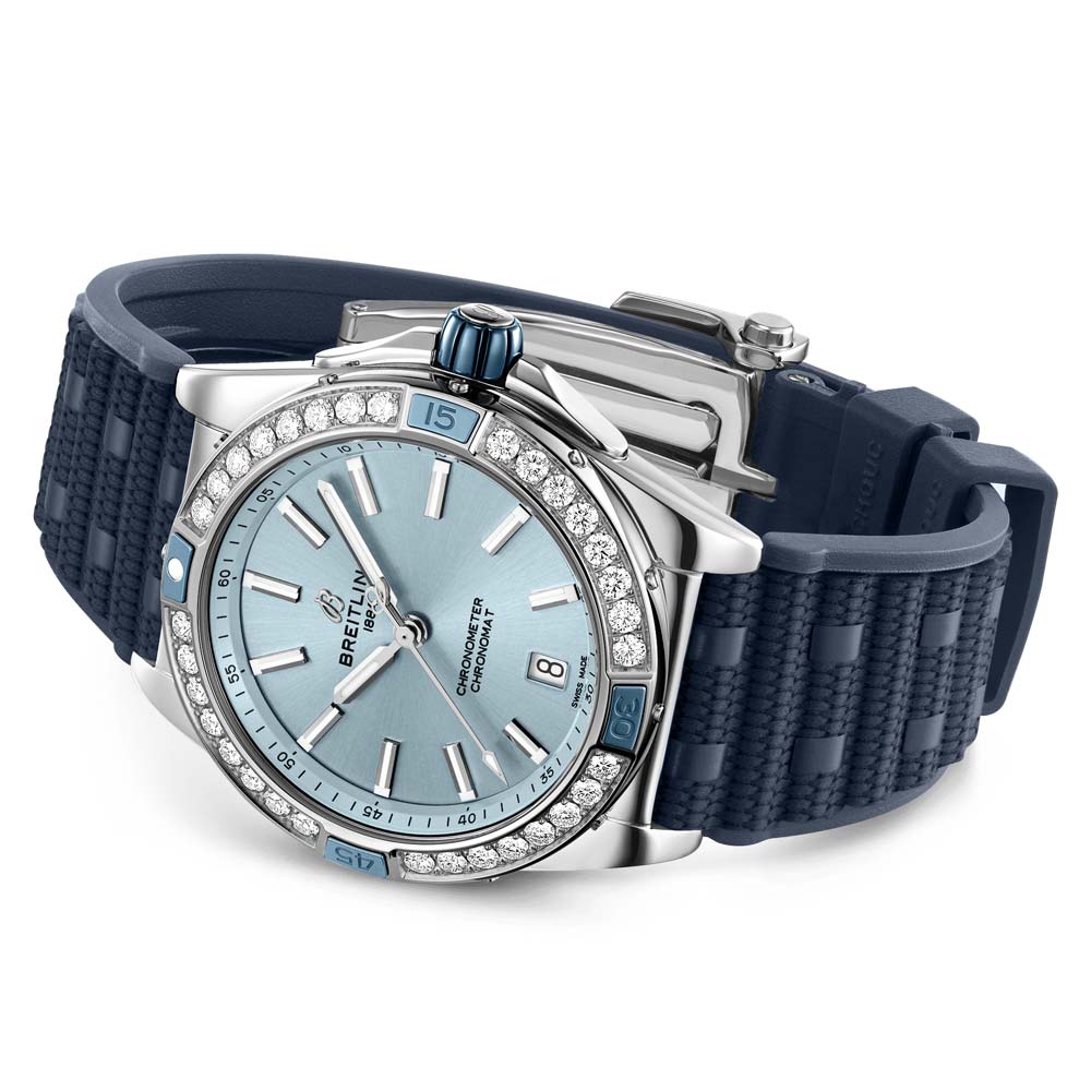breitling super chronomat 38mm blue dial diamond automatic ladies watch