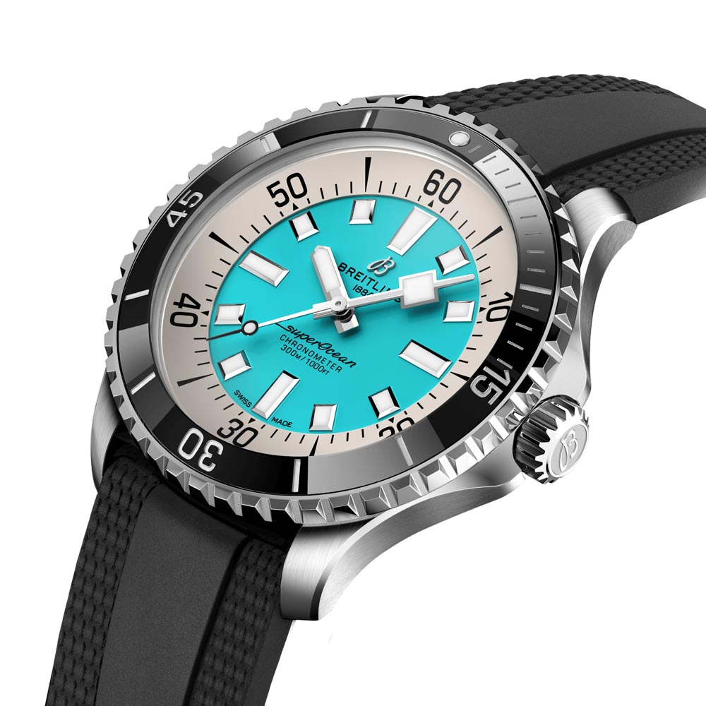 breitling superocean 44mm turquoise dial automatic gents watch dial close up