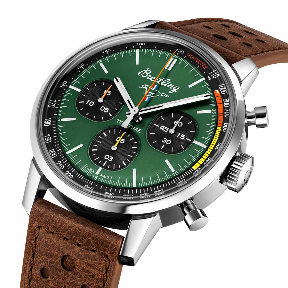 breitling top time ford mustang 42mm green dial automatic chronograph gents watch dial close up