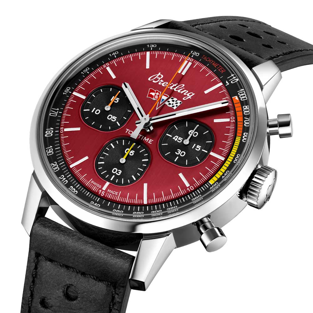 breitling top time chevrolet corvette 42mm red dial automatic chronograph gents watch dial close up