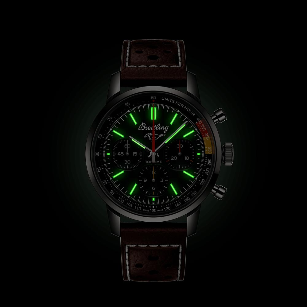 breitling top time b01 ford mustang 41mm green dial automatic chronograph gents watch in the dark shot
