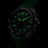 tag heuer formula 1 43mm green dial quartz chronograph gents watch in the dark shot