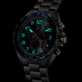tag heuer formula 1 x gulf special edition chronograph 43mm blue dial watch in the dark shot