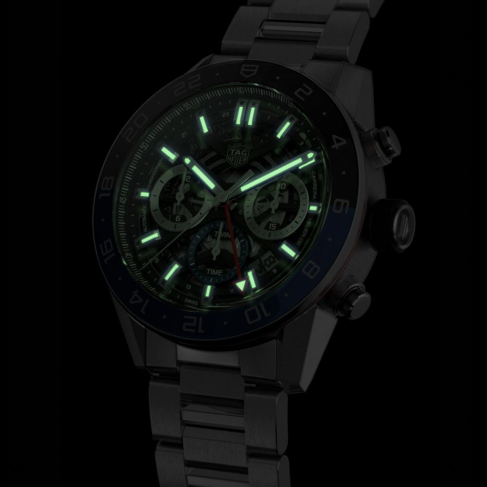 tag heuer carrera gmt 45mm skeleton dial automatic chronograph gents watch in the dark shot