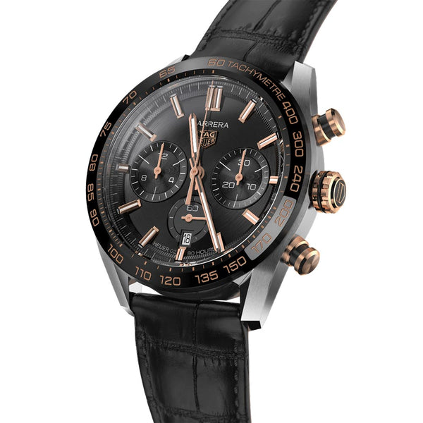 tag heuer carrera 44mm black dial 18ct rose gold & steel automatic chronograph gents watch dial close up