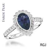 The Faroe Platinum 0.70ct Pear Cut Blue Sapphire Ring With 0.37ct Diamond Halo And Diamond Set Shoulders