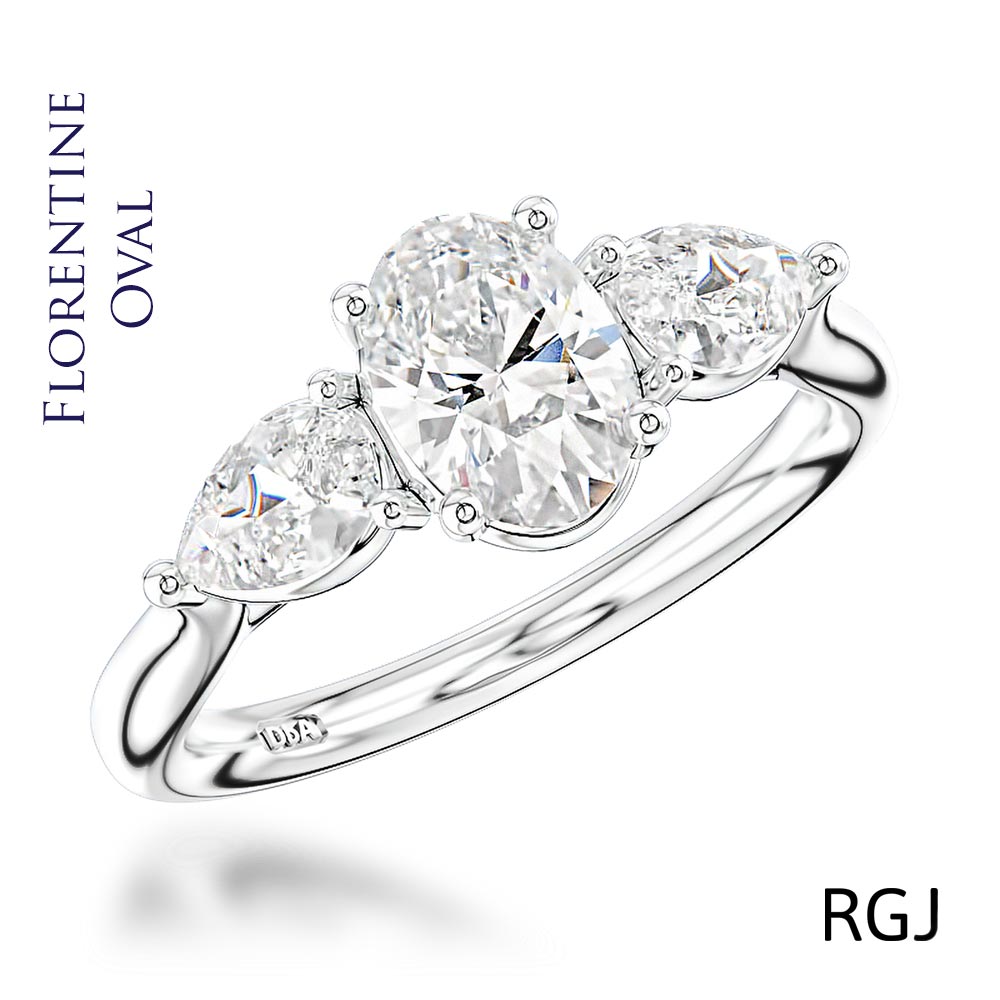 The Florentine Platinum Oval And Pear Cut Diamond Three Stone Engagement Ring