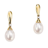 9ct Yellow Gold Diamond and White Fresh Water Pearl Drop Stud Earrings GE780W
