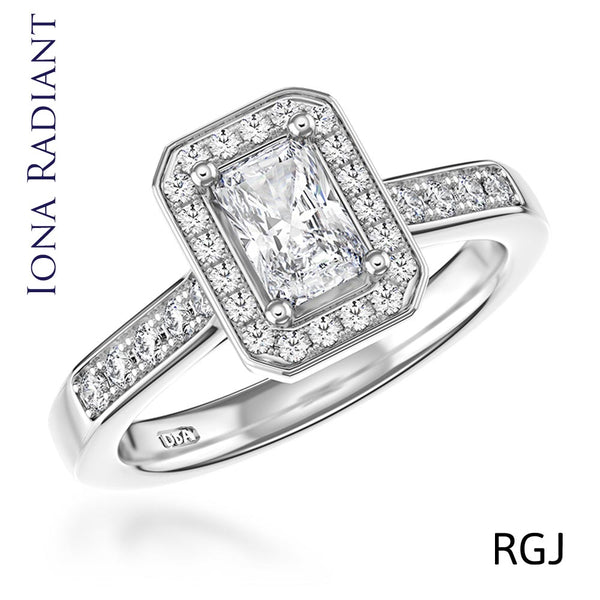The Iona Platinum Radiant Cut Diamond Engagement Ring With Diamond Halo and Diamond Set Shoulders