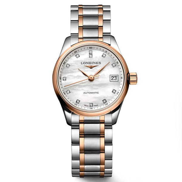 longines master collection 25.5mm mop diamond dot dial 18ct rose gold capped steel automatic ladies watch