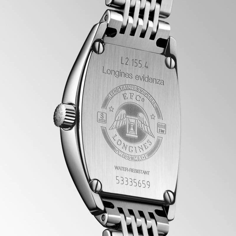 longines evidenza silver dial ladies quartz watch case back view