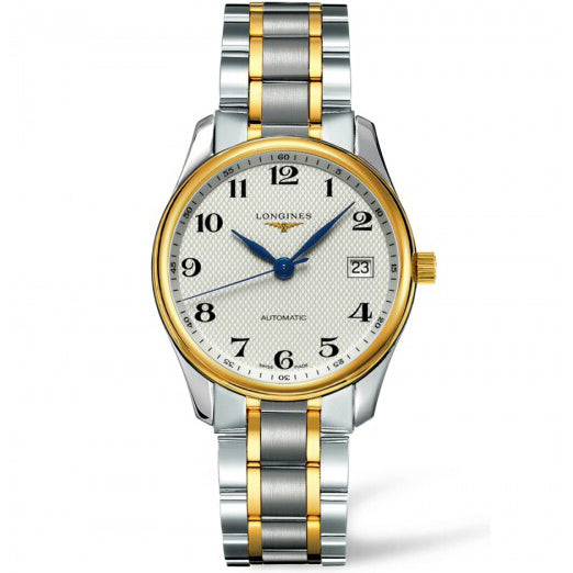 longines master collection 36mm silver dial 18ct gold & steel two tone automatic watch front facing upright image
