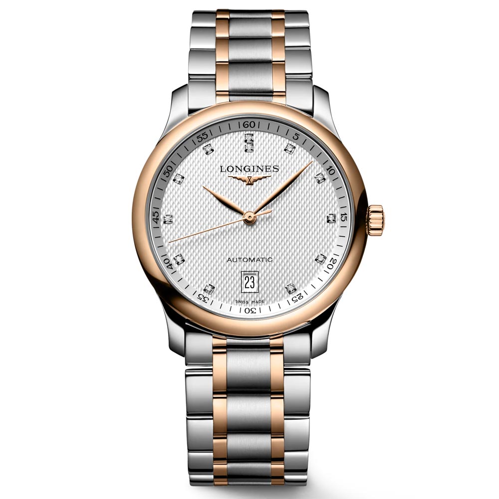 longines master collection silver dial 18ct rose gold capped steel diamond automatic watch
