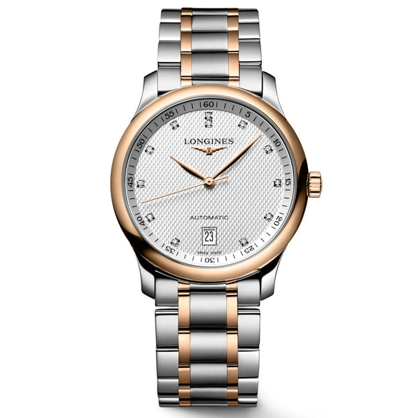 longines master collection silver dial 18ct rose gold capped steel diamond automatic watch