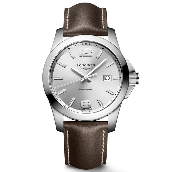 longines conquest 41mm silver dial quartz gents watch