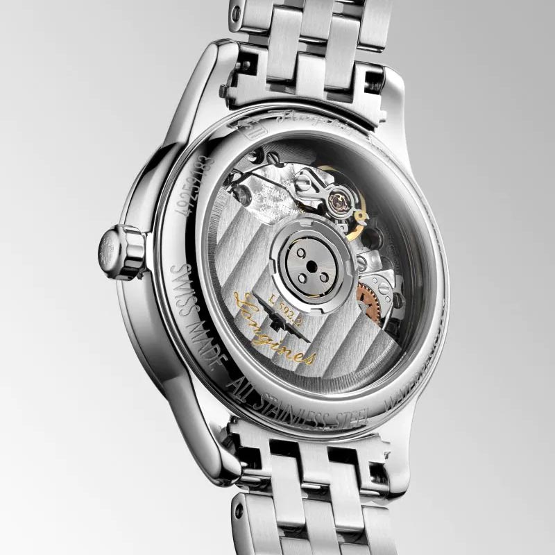 longines ladies flagship stainless steel automatic watch case back view