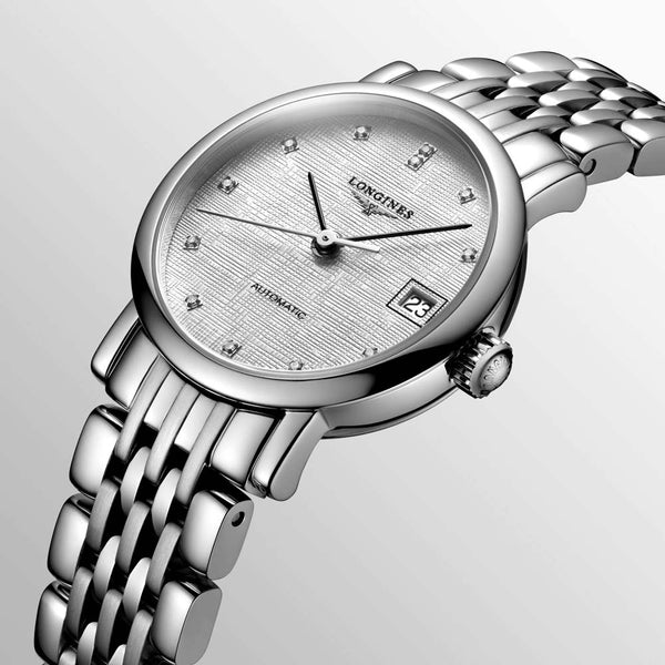 longines elegant collection 25.5mm striped silver diamond dot dial automatic ladies watch dial close up