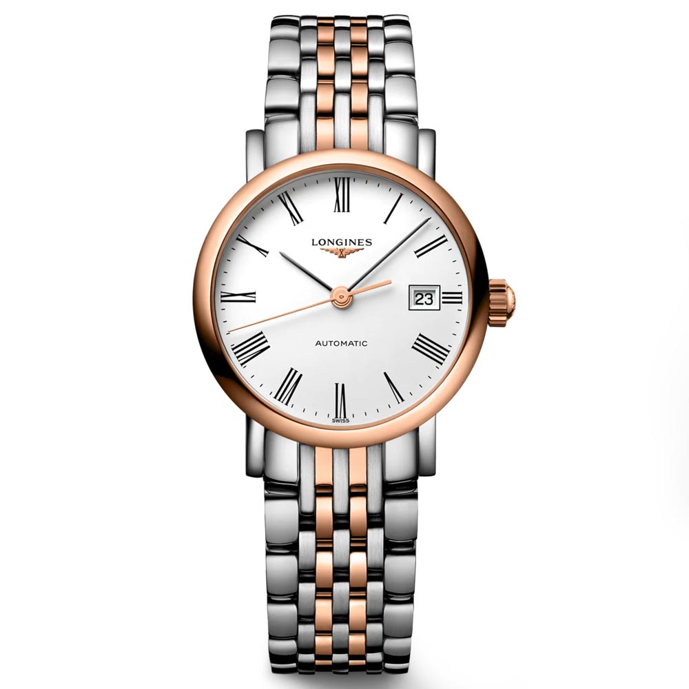 Longines Elegant Collection 25.5mm White Dial 18ct Rose Gold Capped Steel Automatic Ladies Watch L4.309.5.11.7
