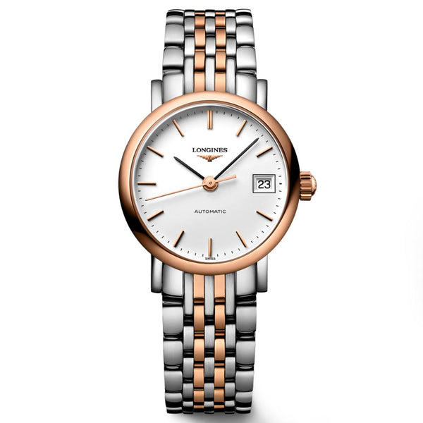 longines elegant collection 25.5mm white dial 18ct rose gold capped steel automatic ladies watch