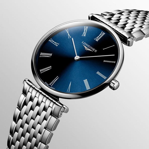 longines la grande classique 38mm blue dial stainless steel quartz watch dial close up