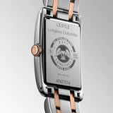 longines dolcevita silver dial 18ct rose gold capped steel diamond ladies quartz watch case back view