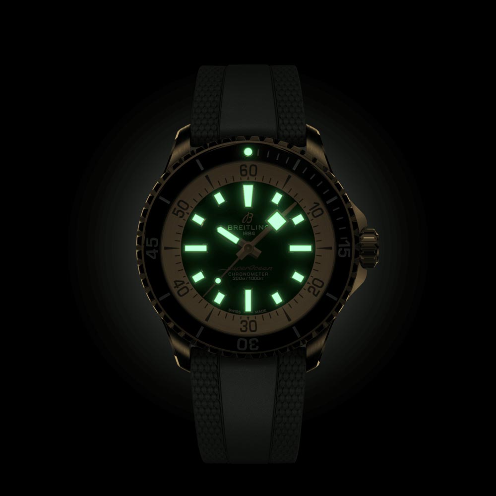 breitling superocean 42mm green dial bronze automatic gents watch in the dark shot