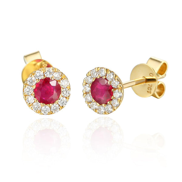 18ct Yellow Gold 0.44ct Round Brilliant Cut Ruby and 0.17ct Diamond Halo Earrings
