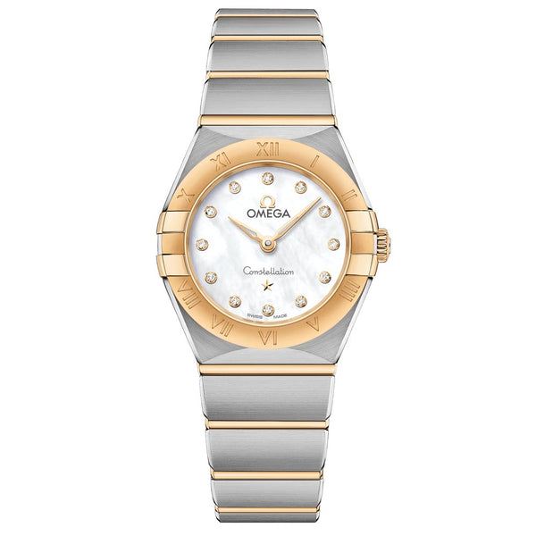 omega constellation 25mm mop dial 18ct yellow gold & steel diamond ladies quartz watch