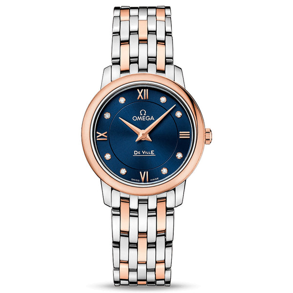 omega de ville prestige 27.4mm blue dial steel & 18ct rose gold diamond ladies quartz watch