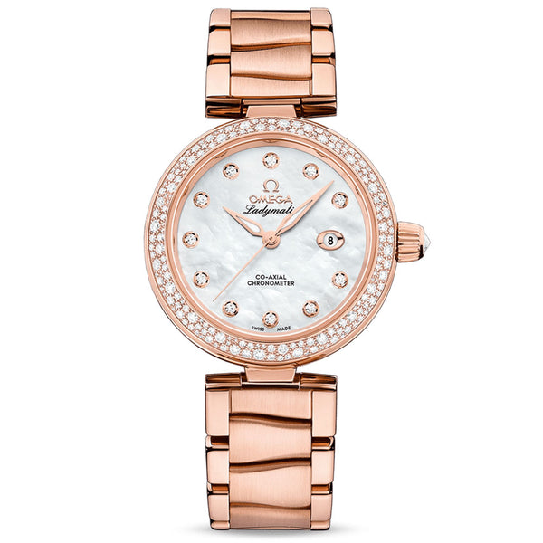 omega de ville ladymatic 34mm mop dial 18ct rose gold diamond ladies automatic watch