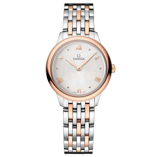 omega de ville prestige 27.5mm silver dial 18ct rose gold and steel ladies quartz watch