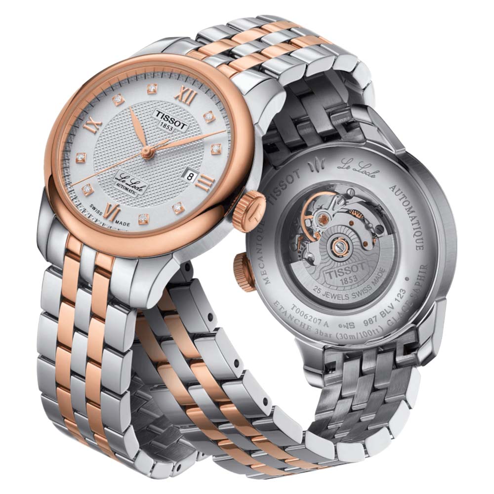 tissot t-classic le locle automatic lady 29mm special edition rose gold pvd steel diamond watch front and back view
