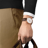 tissot tradition chronograph 42mm silver dial rose gold pvd steel gents quartz watch model shot