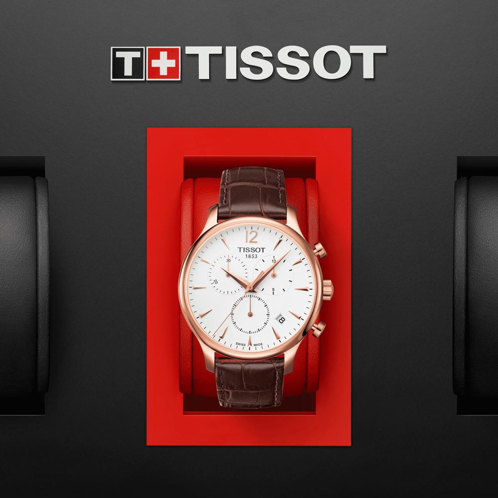 tissot tradition chronograph 42mm silver dial rose gold pvd steel gents quartz watch in presentation box