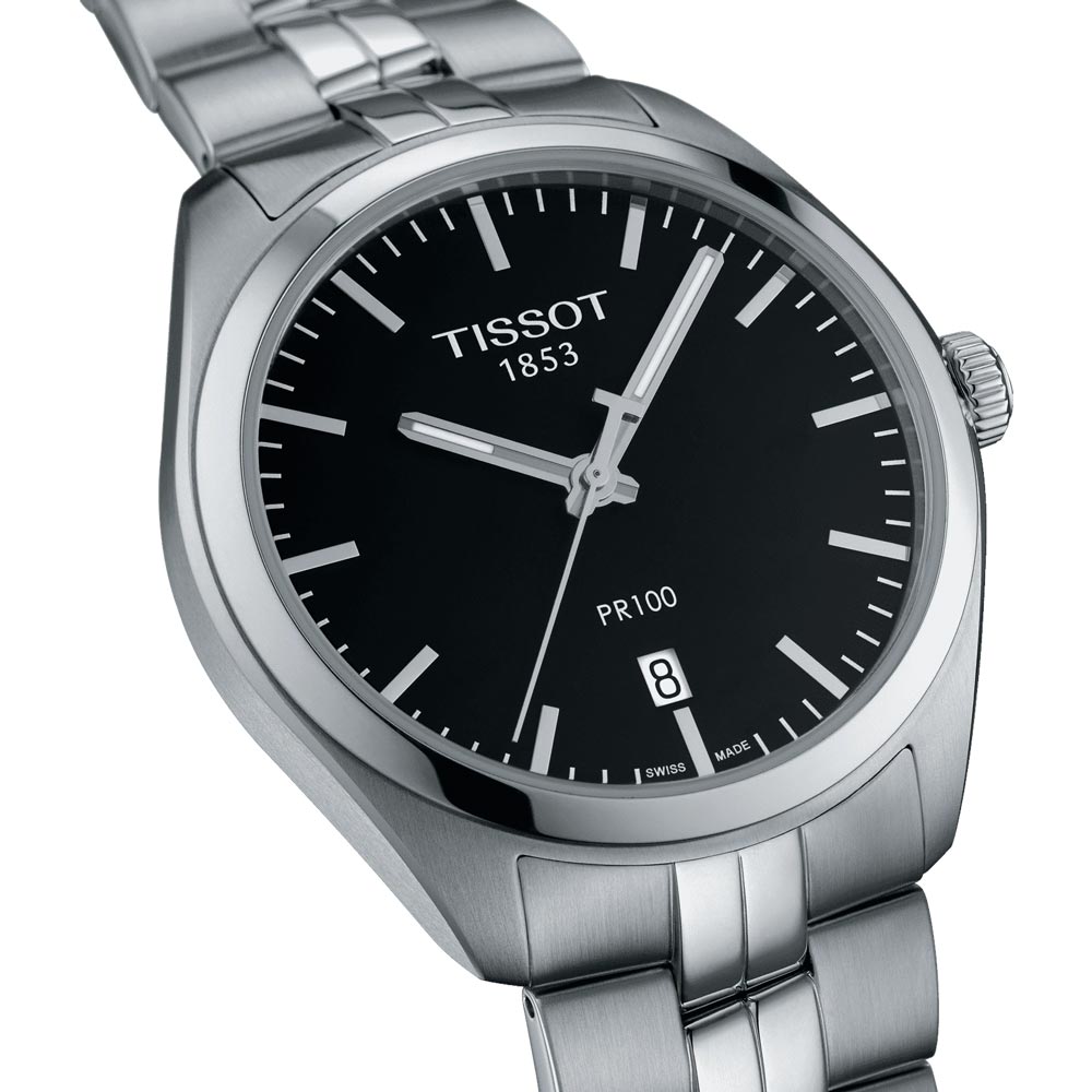 tissot t-classic pr 100 black dial 39mm stainless steel gents watch dial close up